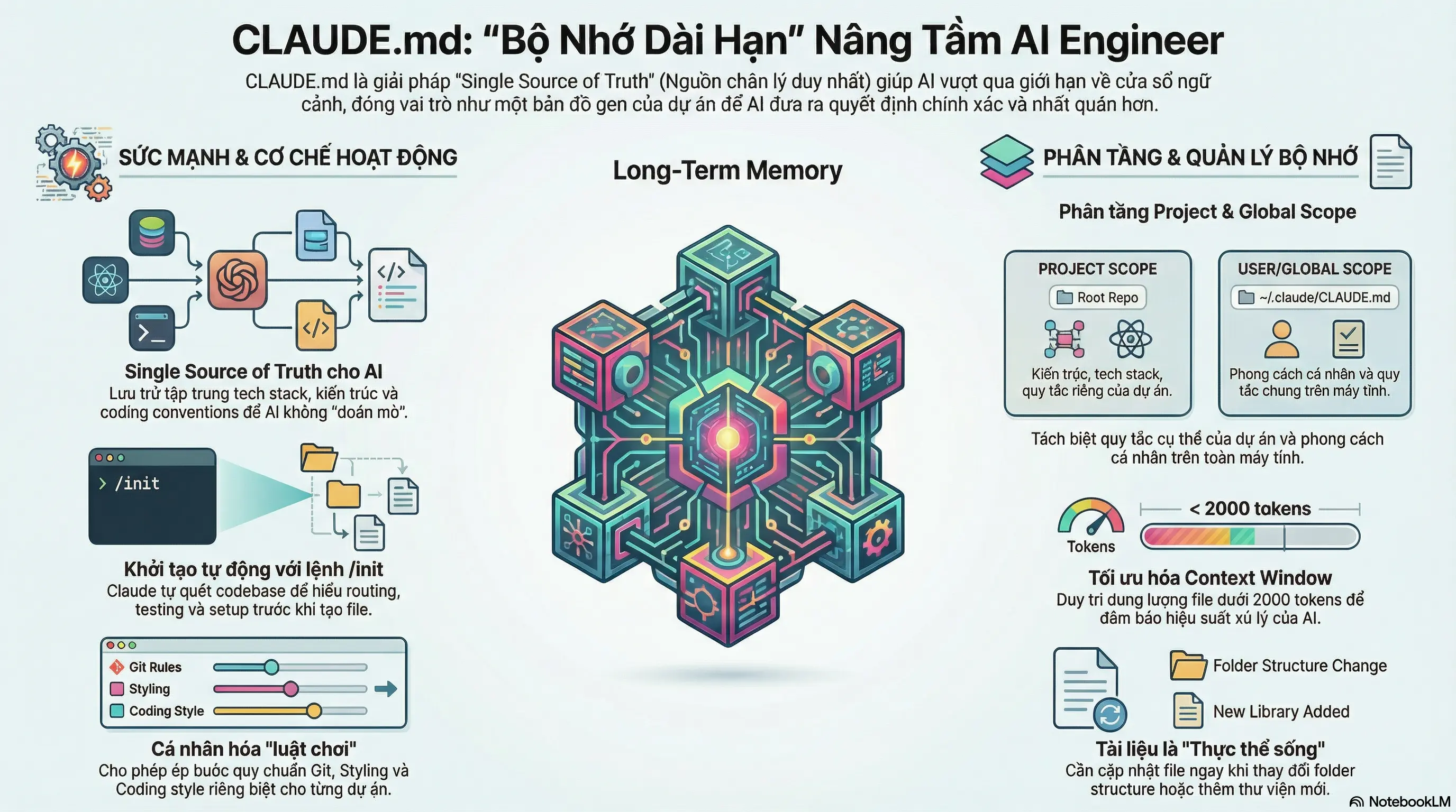 Infographic minh họa CLAUDE.md như 'bộ não dài hạn' của dự án